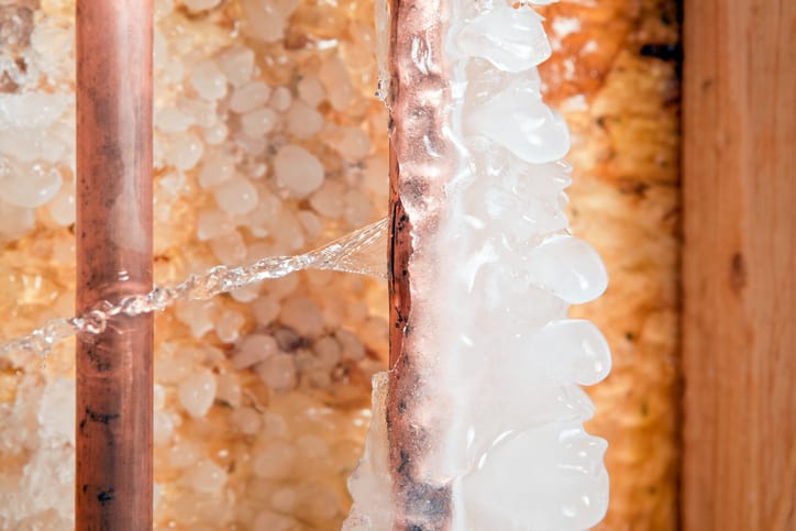 Frozen Ice Covered Cracked Copper Water Pipe Leaking