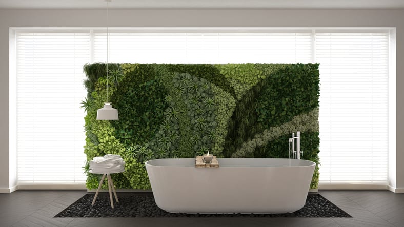bathroom with vertical garden, white minimalistic interior design
